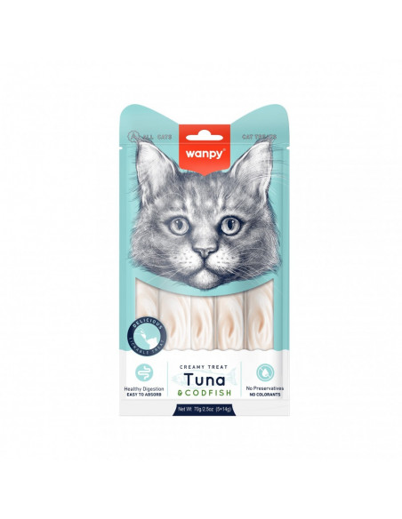 Wanpy Creamy Tuna and cod 5 x 14 г - премиум клас кремообразно лакомство за котки с риба тон и треска, 5 порции
