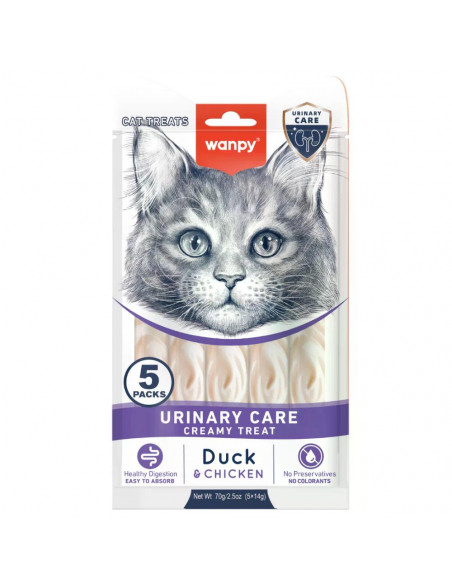 Wanpy Cat Urinary кремообразно лакомство за котки с патица и пиле, при проблеми с уринарния тракт, 5х14 г