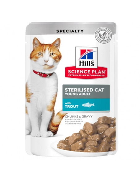 Hills Science Plan Feline Young Adult Sterilised TROUT - паучове с пъстърва - малки късчета в сос Грейви за млади кастрирани 