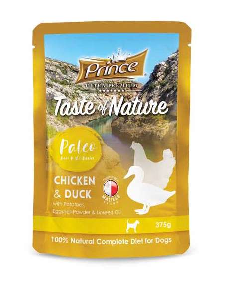 PRINCE TASTE OF NATURE PALEO POUCHES - Пиле и патица с картофи, прах от яйчени черупки и ленено масло 375 гр. 3+1 Подарък