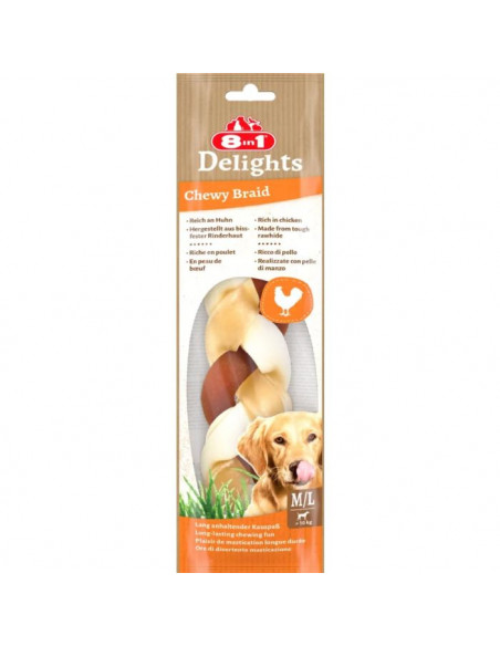 Delights Chewy Braid от 8in1 е дъвчаща плитка, направена от телешка кожа и богата на пилешко месо.M/L