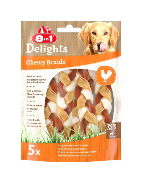Delights Chewy Braid от 8in1 е дъвчаща плитка, направена от телешка кожа и богата на пилешко месо. XS/S