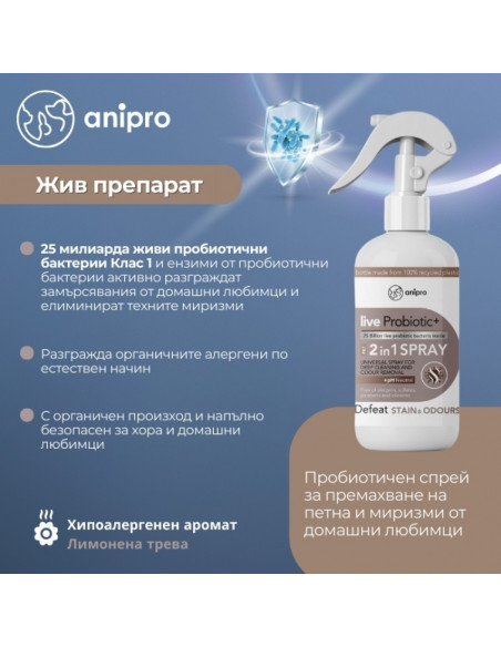 anipro Live Probiotic+ Defeat Stаin - Odour - пробиотичен спрей за премахване на петна и миризми от домашни любимци, 500 мл